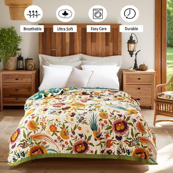 Boho Throw Blanket | 100% Organic Cotton | 60" x 80" | TWIN | Floral Pattern - Picture 4 of 4